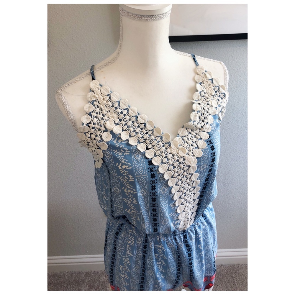 Lace Trimmed Romper | Blue Pattern